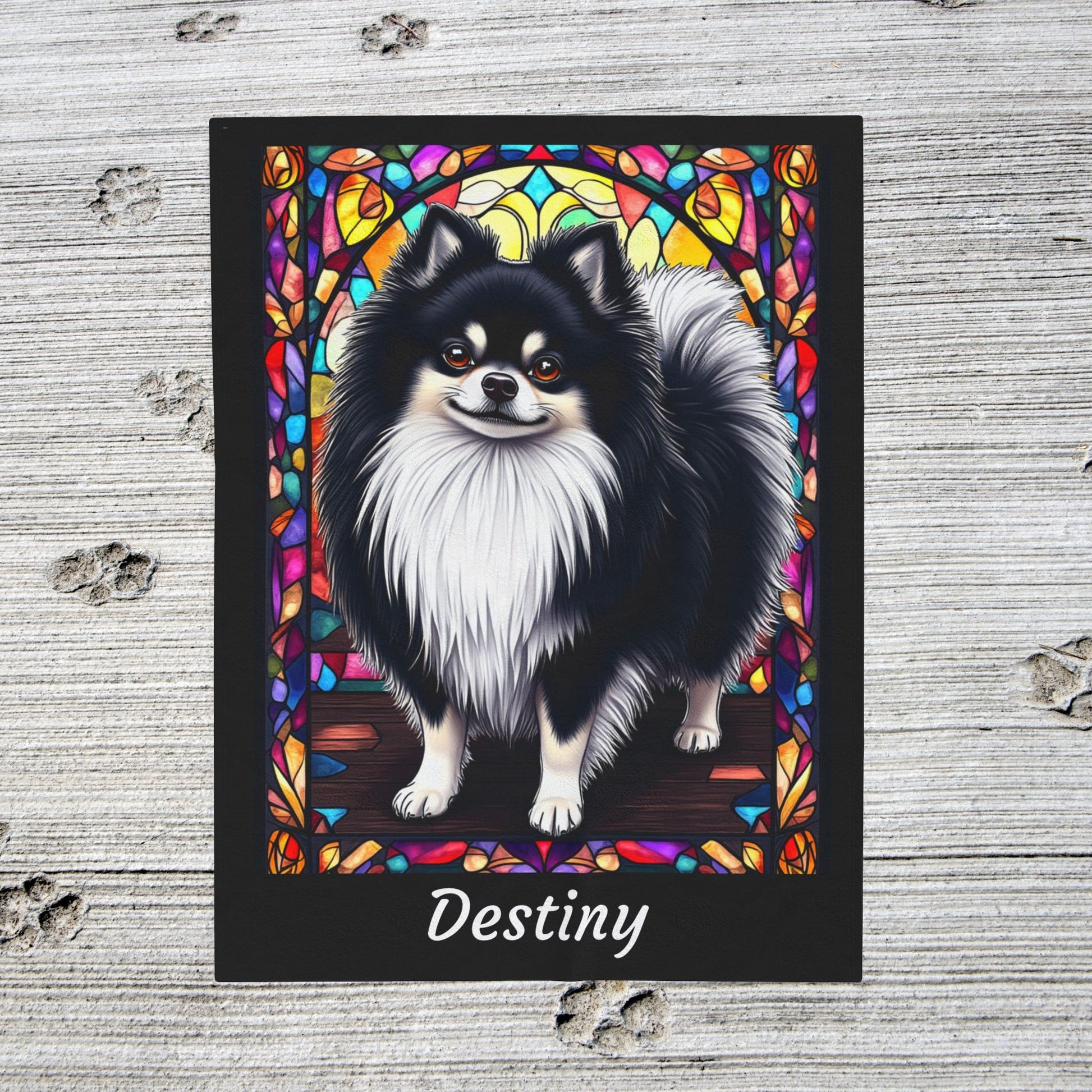 Pomeranian Black & White Coat Blanket, Velveteen Plush Stained Glass Dog Throw, Pet Lover Gift