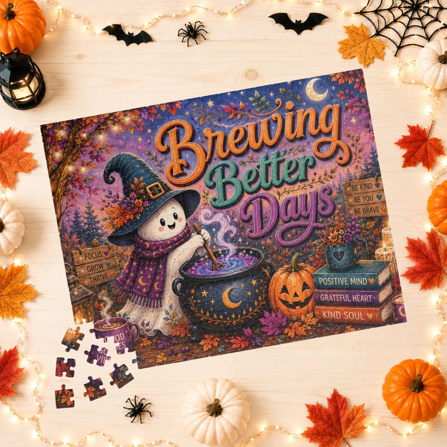 Brewing Better Days Halloween Puzzle - Ghost Stirring Cauldron with Good Vibes Mug and Affirmation Books