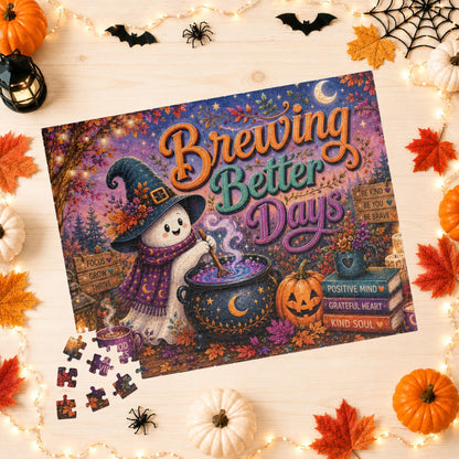 Brewing Better Days Halloween Puzzle - Ghost Stirring Cauldron with Good Vibes Mug and Affirmation Books