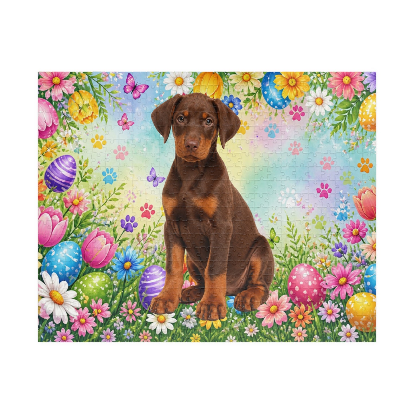 Doberman (Red & Rust) Easter Puppy Puzzle - Spring Garden with Eggs, Tulips, and Daisies
