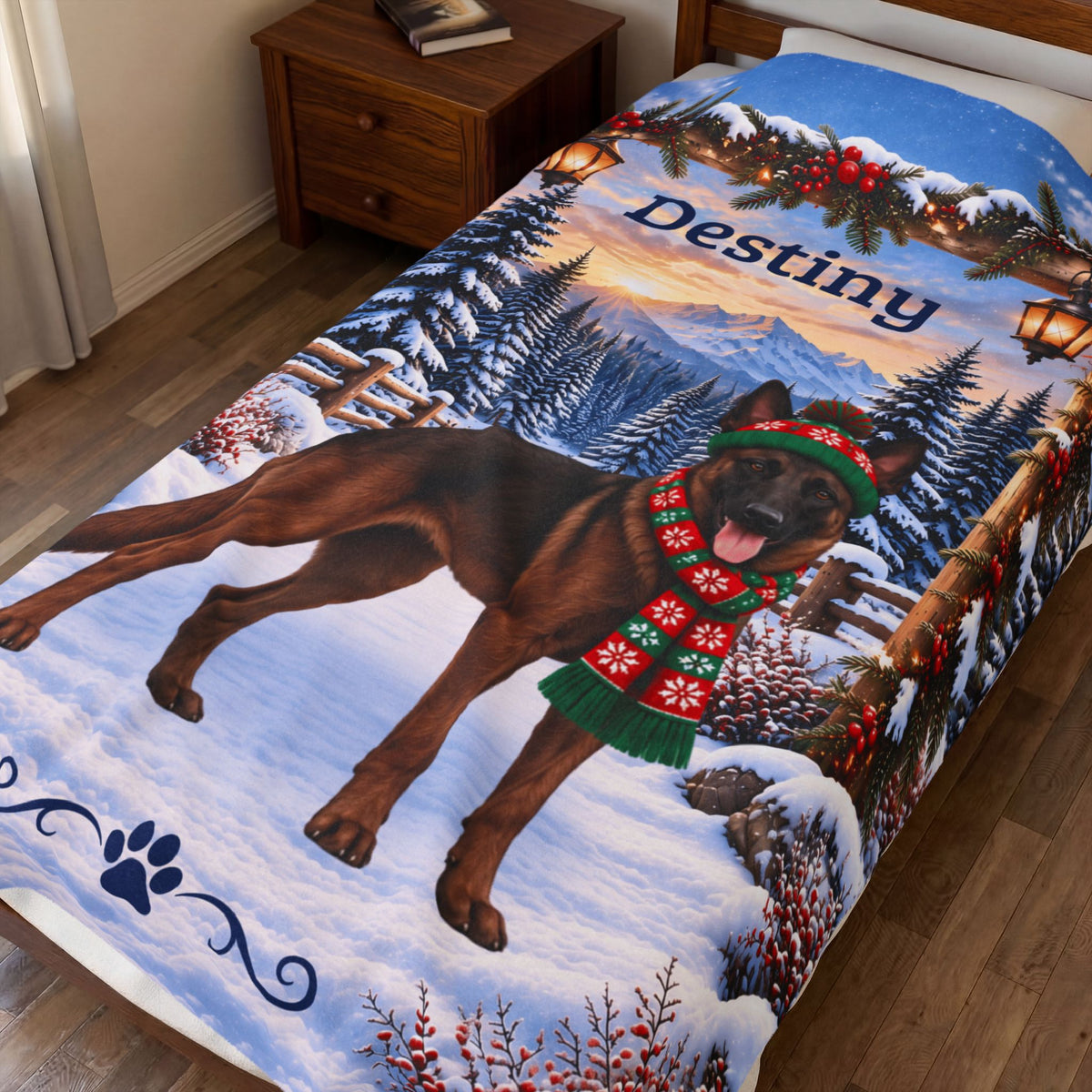 Belgian Malinois (Mahogany Sable Coat) - Custom Name Winter Lodge Blanket, Plush Mali Mom Gift