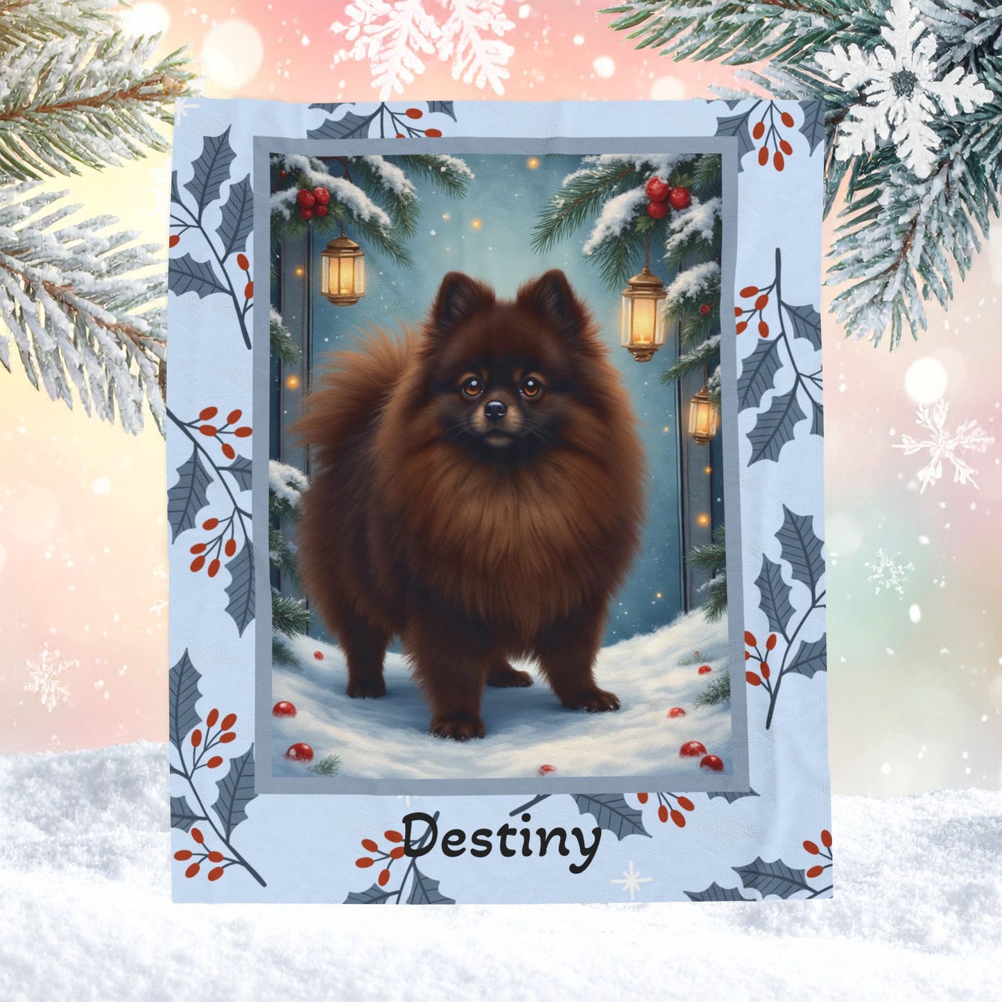 Pomeranian Chocolate custom winter blanket featuring a rich brown Pom in a bright winter lodge scene