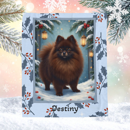 Pomeranian Chocolate custom winter blanket featuring a rich brown Pom in a bright winter lodge scene
