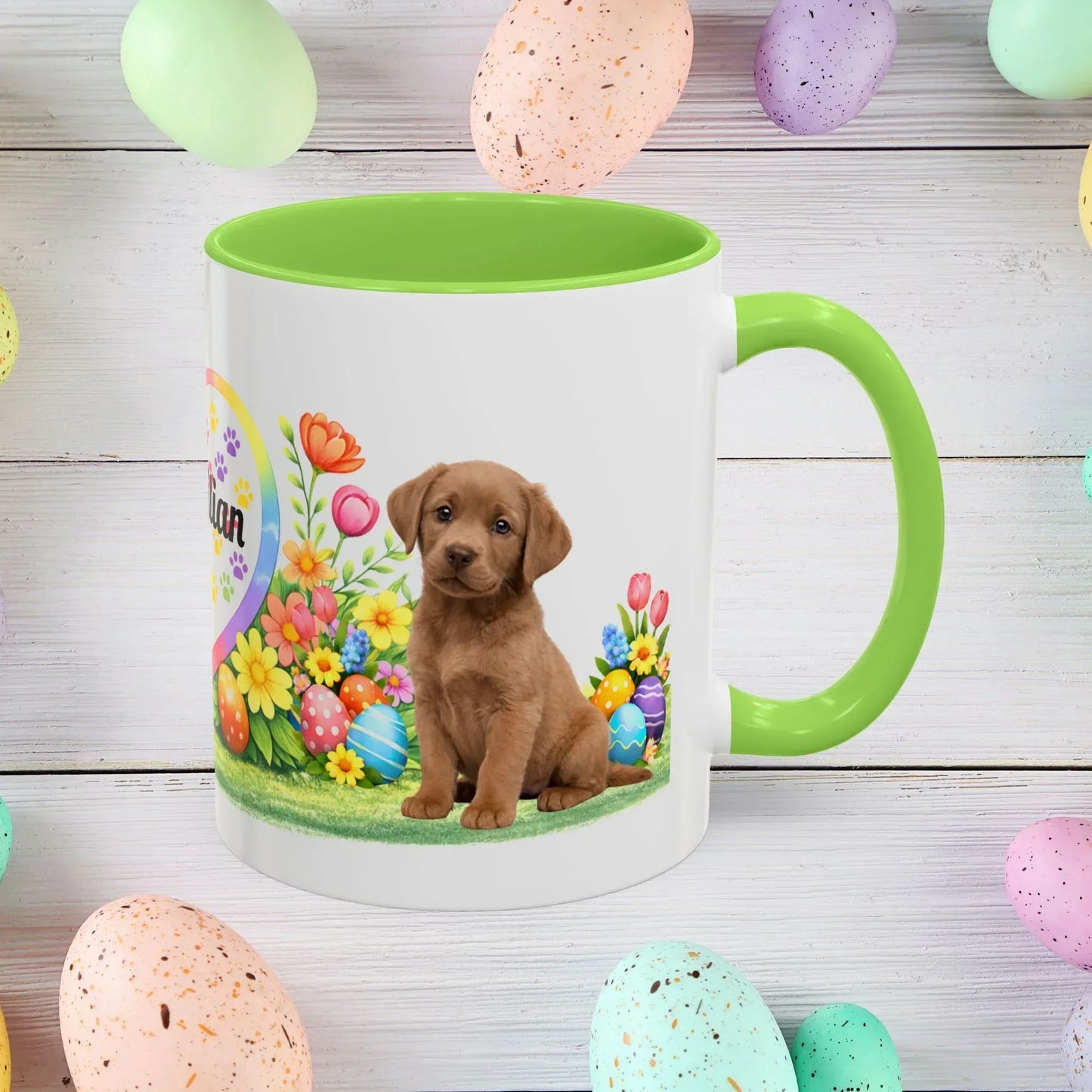 Shop our labrador retriever chocolate light puppy easter mug featuring the 11oz style option from MySisterIsASurvivor.
