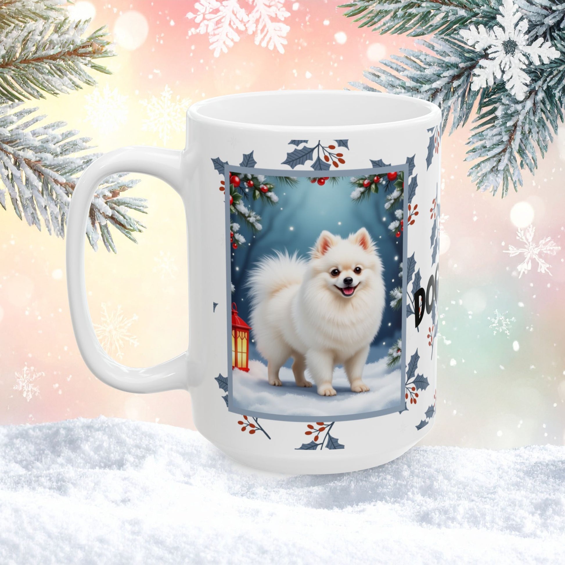 Pomeranian (White) Winter Mug - white pomeranian illustrated standing in a winter scene with soft snow