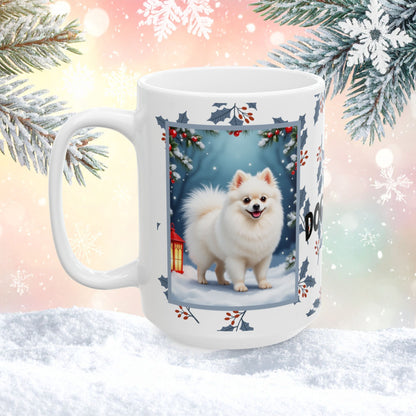 Pomeranian (White) Winter Mug - white pomeranian illustrated standing in a winter scene with soft snow