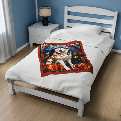 Soft velveteen Red and White Husky blanket with vibrant stained glass design, perfect dog lover gift