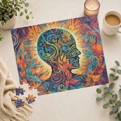 Healing the Soul - Mind-as-Garden Puzzle with Botanical Head Silhouette and Golden Halo on Autumn Leaves