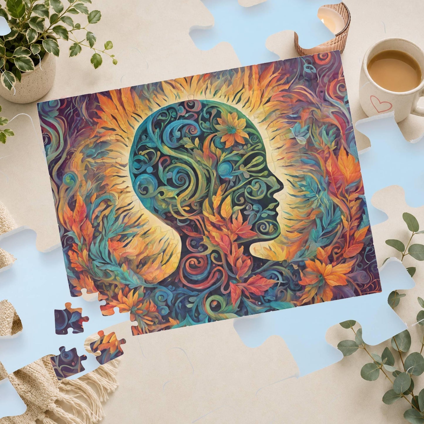 Healing the Soul - Mind-as-Garden Puzzle with Botanical Head Silhouette and Golden Halo on Autumn Leaves