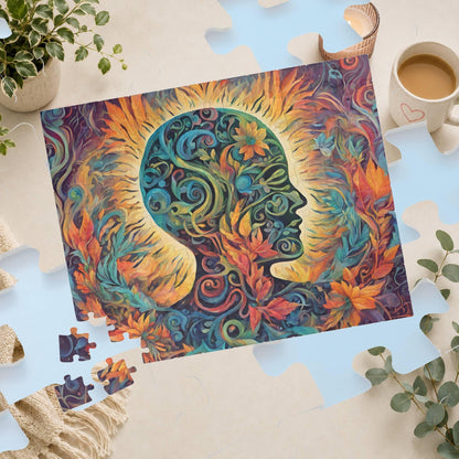 Healing the Soul - Mind-as-Garden Puzzle with Botanical Head Silhouette and Golden Halo on Autumn Leaves
