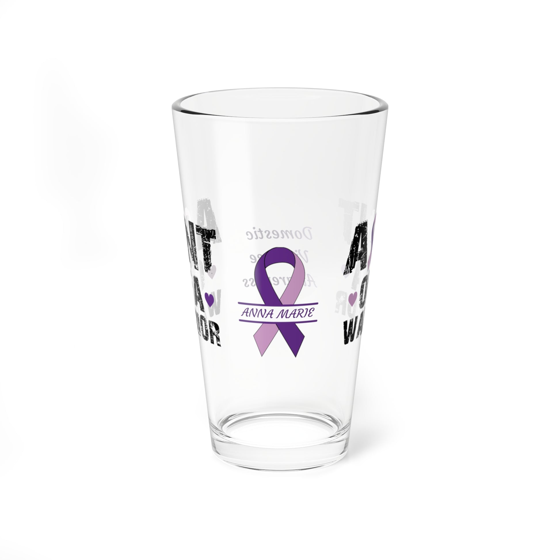 Aunt of a Warrior: Personalized Domestic Violence Awareness Warrior Pint Glass - Proud Family Member