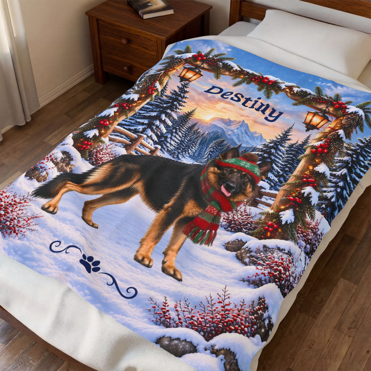 German Shepherd (Bi-Color Coat) - Personalized Winter Lodge Throw, Custom Name Velveteen Blanket - MySisterIsAsurvor