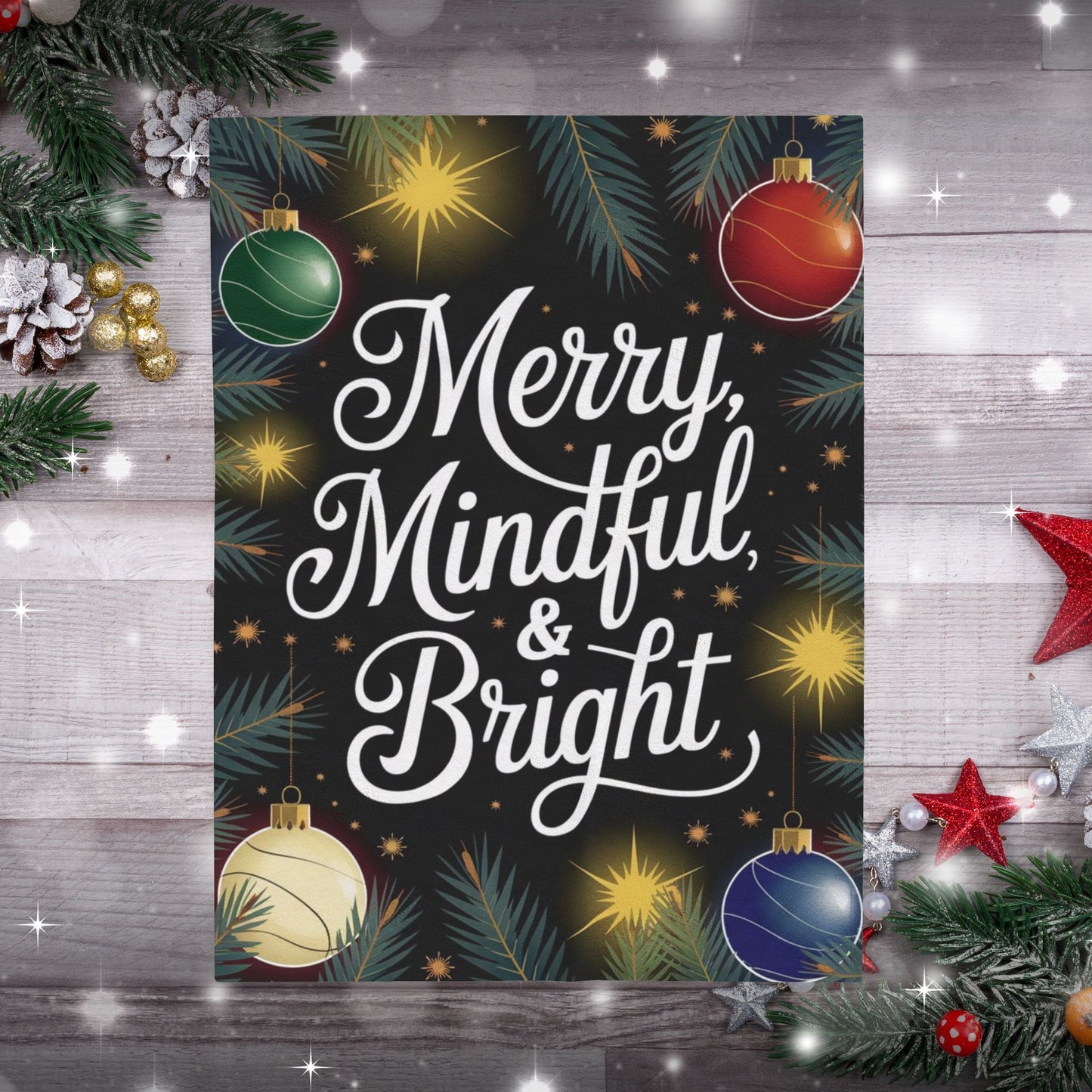 Christmas blanket “Merry, Mindful & Bright” cozy holiday throw for comfort, joy, and mindfulness