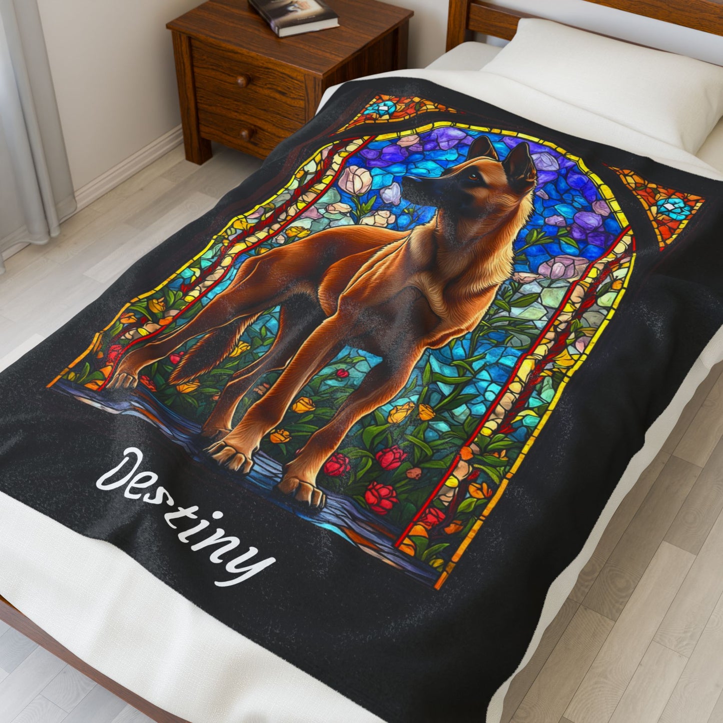 Belgian Malinois red velveteen blanket, stained glass dog throw, personalized pet lover gift - MySisterIsASurvivor