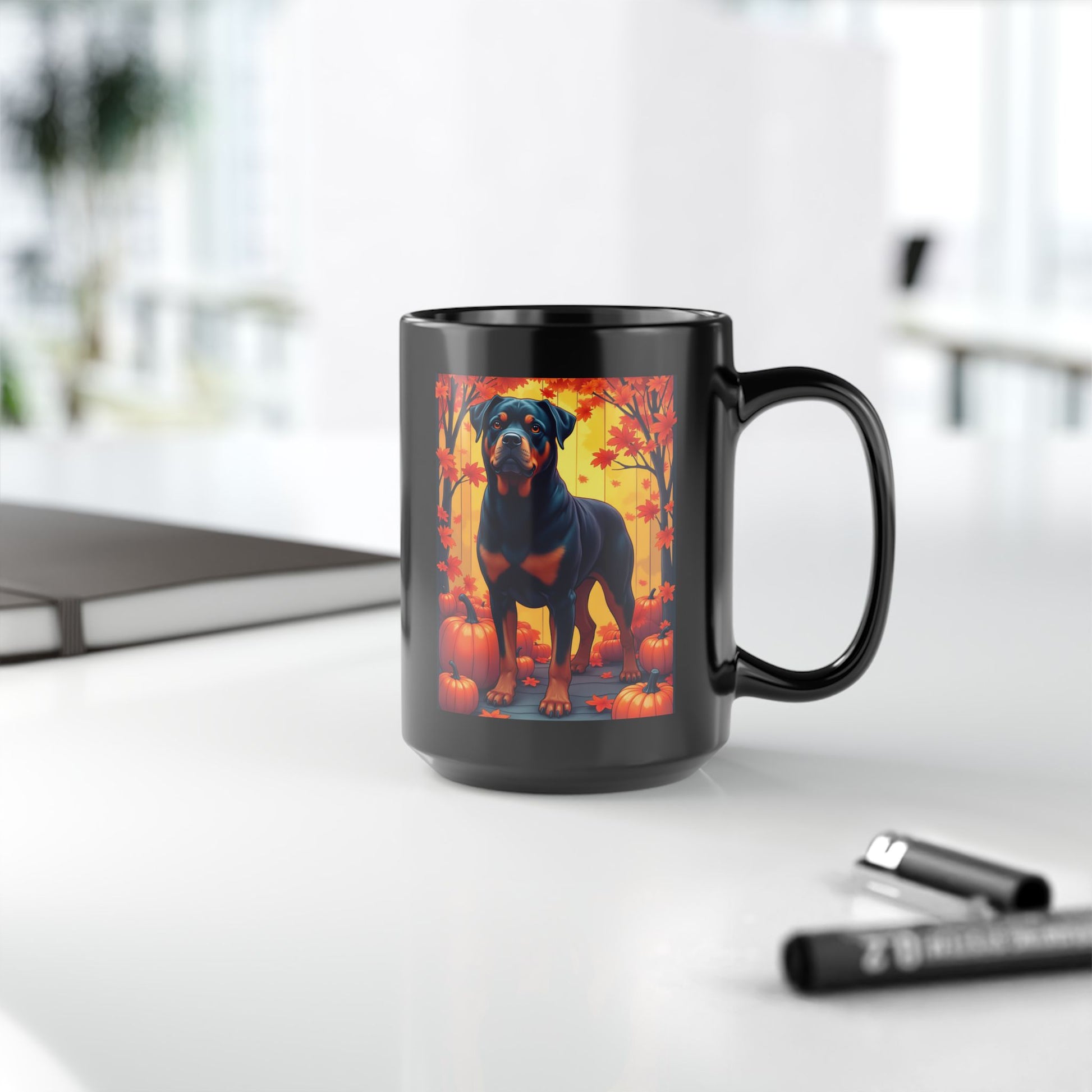 Black and mahogany Rottweiler dog in autumn leaves on a custom ceramic coffee mug.