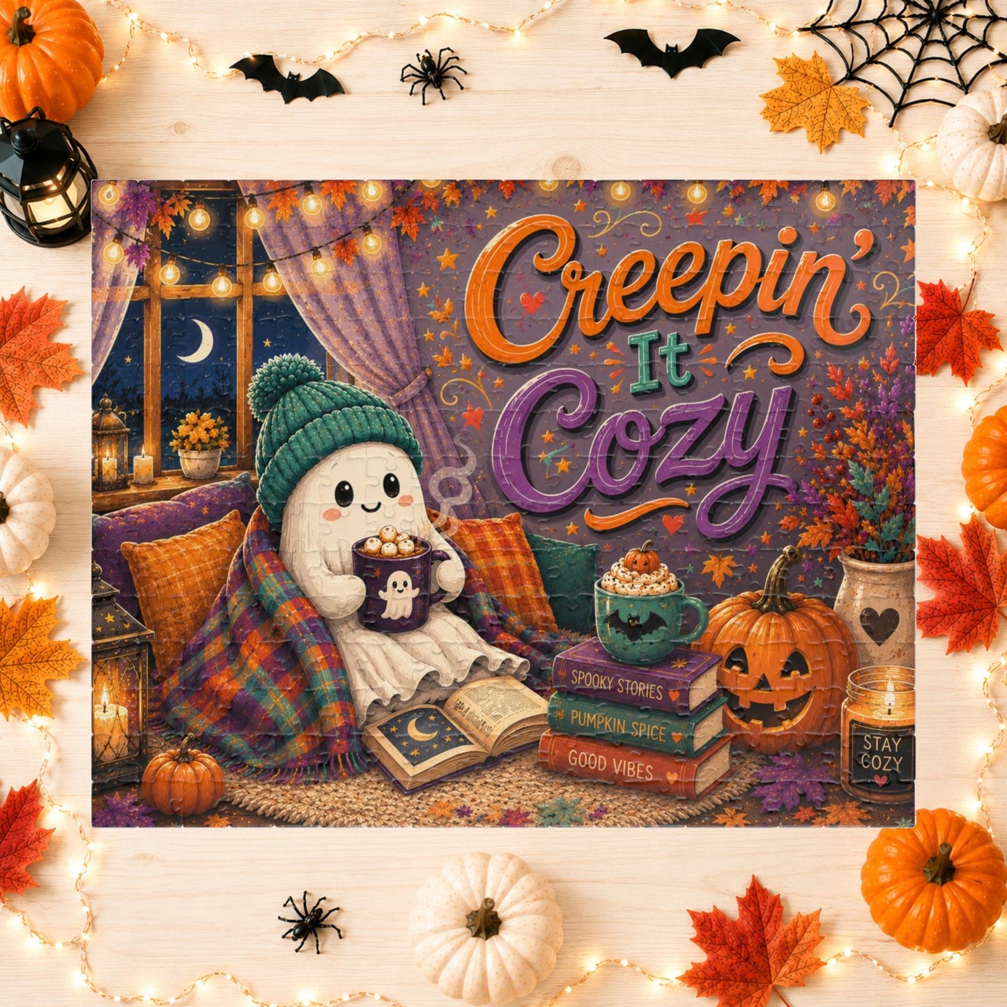 Creepin It Cozy Halloween Puzzle - Ghost in Beanie Reading by Candlelight with Pumpkin Spice Books