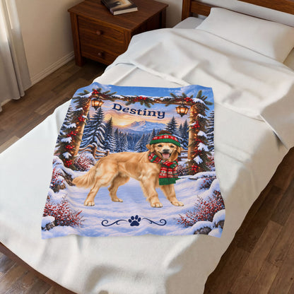 Golden Retriever (Light Golden Coat) - Personalized Snowy Cabin Throw, Custom Name Dog Dad Blanket