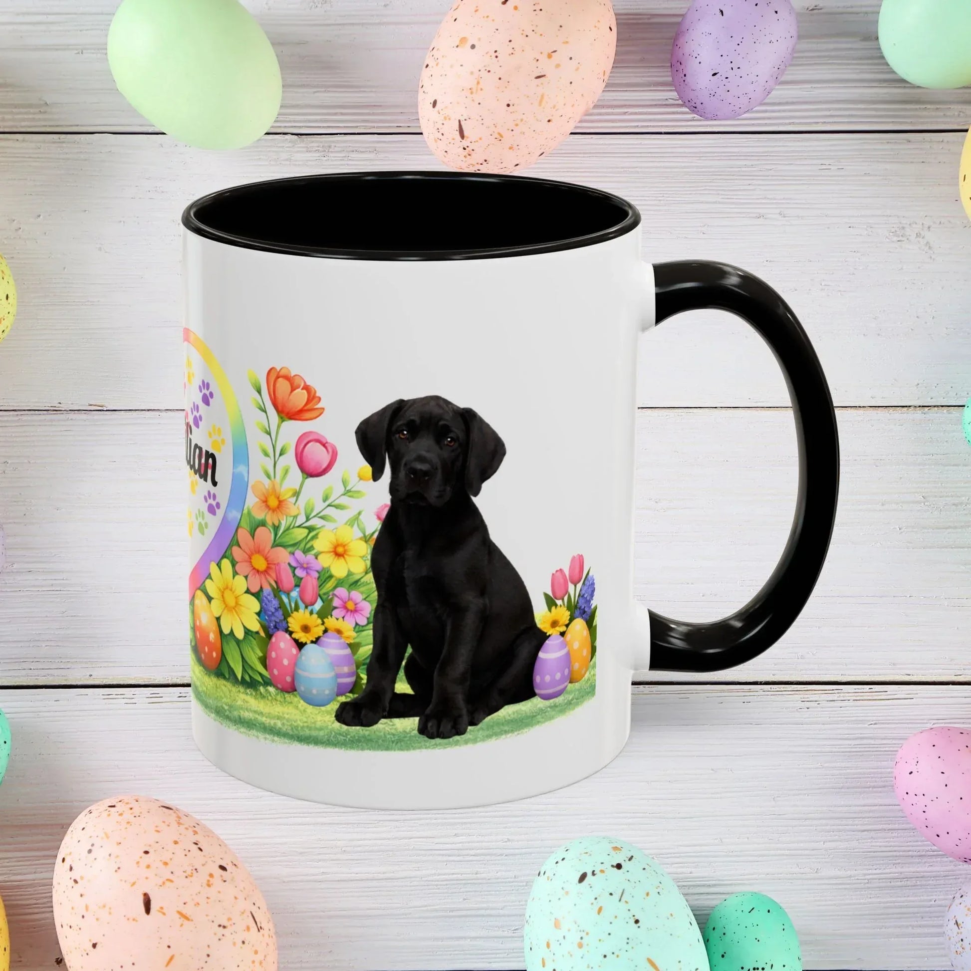 Shop our great dane black puppy easter mug featuring the 11oz style option from MySisterIsASurvivor.