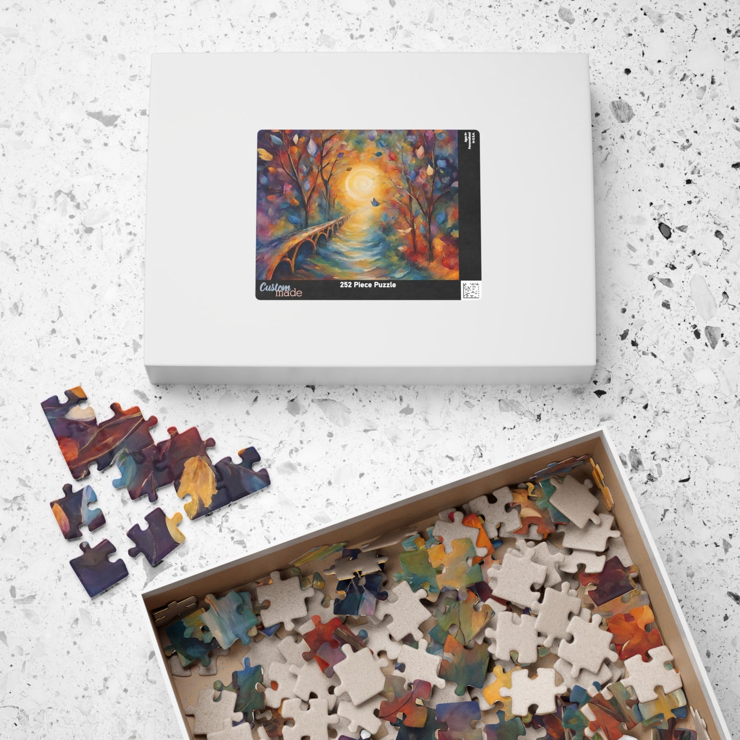 Bridge to Healing - Watercolor Landscape Puzzle with Glowing Path, Stone Bridge, and Colorful Floating Leaves
