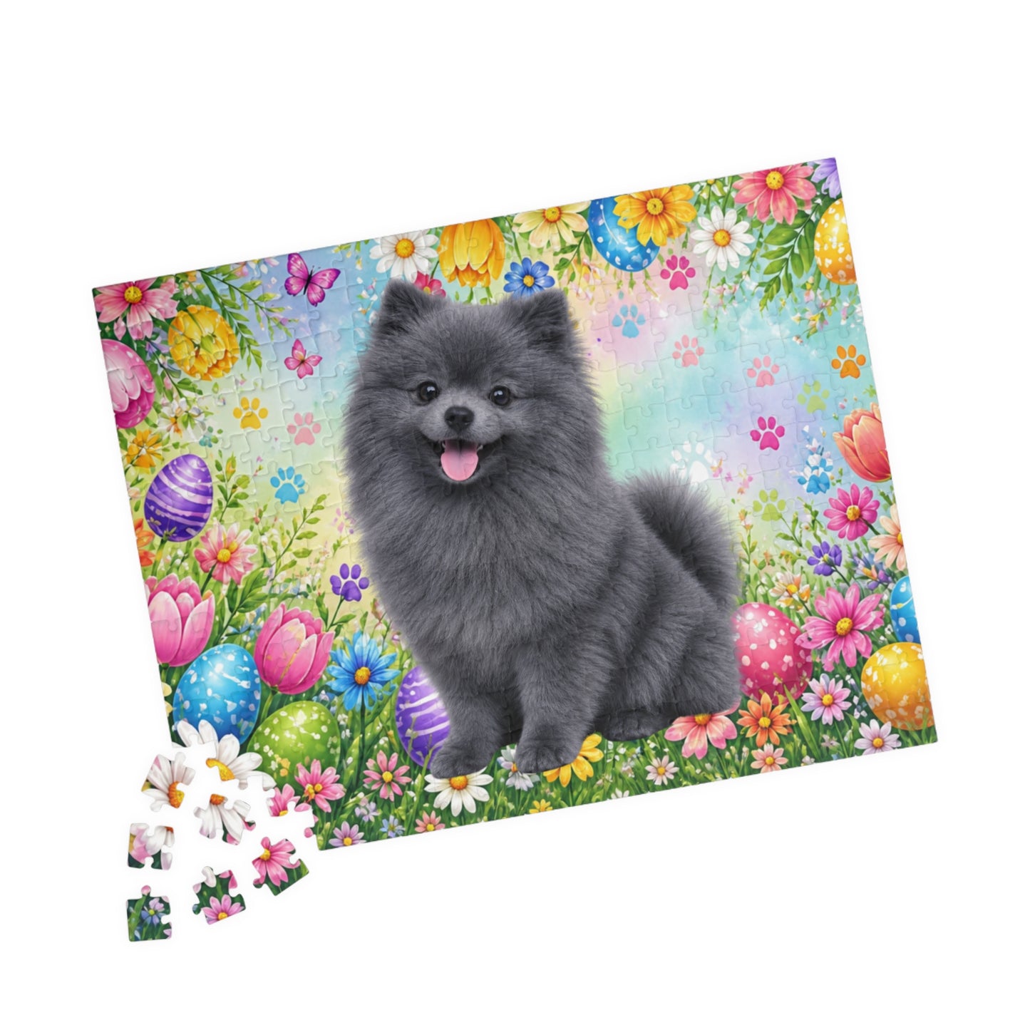 Pomeranian (Blue) Easter Puppy Puzzle - Spring Garden with Eggs, Tulips, and Daisies