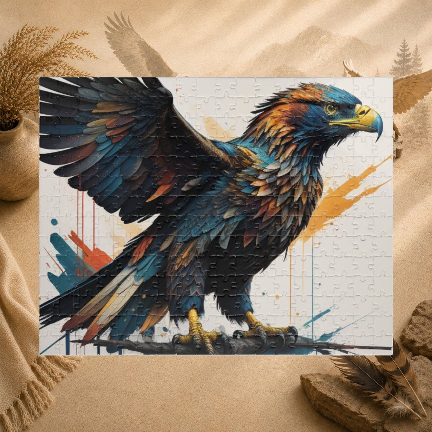 Soaring Eagle Triumph - Full-Body Graffiti Eagle Puzzle with Iridescent Teal Feathers and Paint Splatters