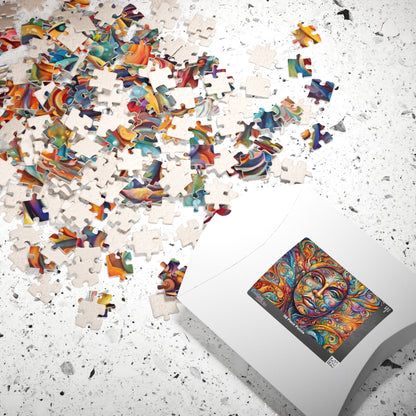Therapeutic Canvas - Psychedelic Face-as-Canvas Puzzle with Swirling Spirals in Teal, Orange, and Purple