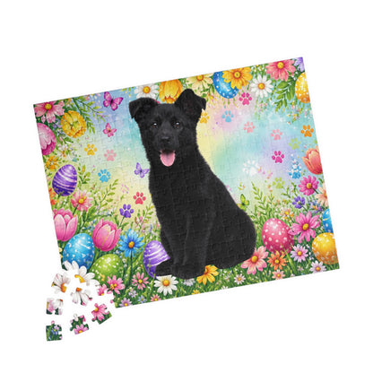German Shepherd (Black) Easter Puppy Puzzle - Bold Spring Garden with Eggs and Blooms