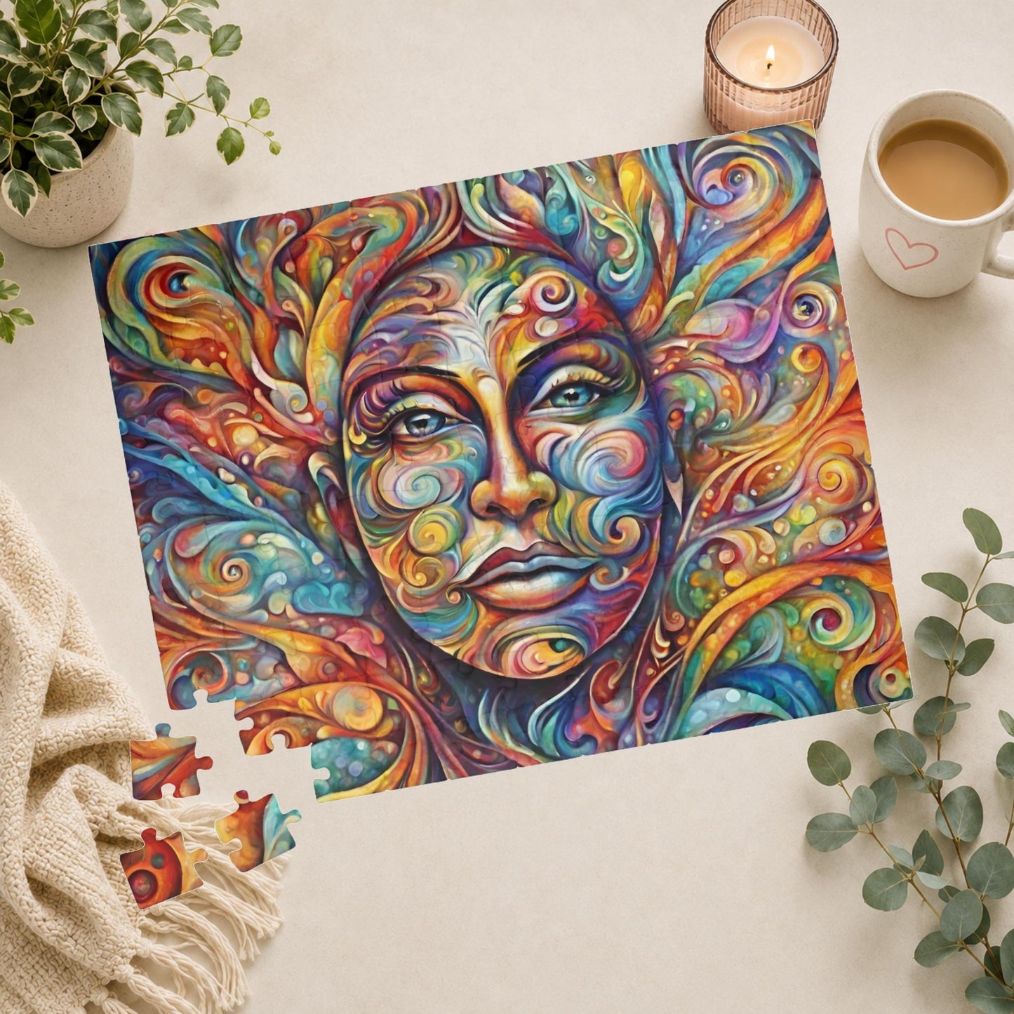 Therapeutic Canvas - Psychedelic Face-as-Canvas Puzzle with Swirling Spirals in Teal, Orange, and Purple