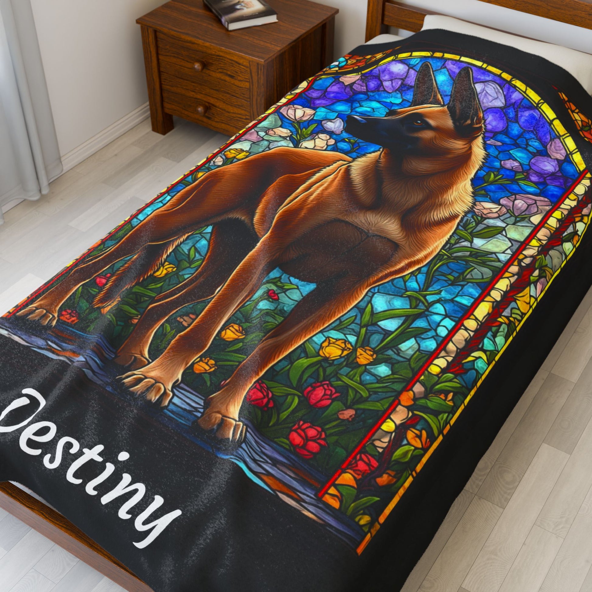 Belgian Malinois red velveteen blanket, stained glass dog throw, personalized pet lover gift - MySisterIsASurvivor