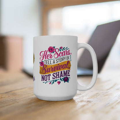 Survivor strength mug with empowering message.