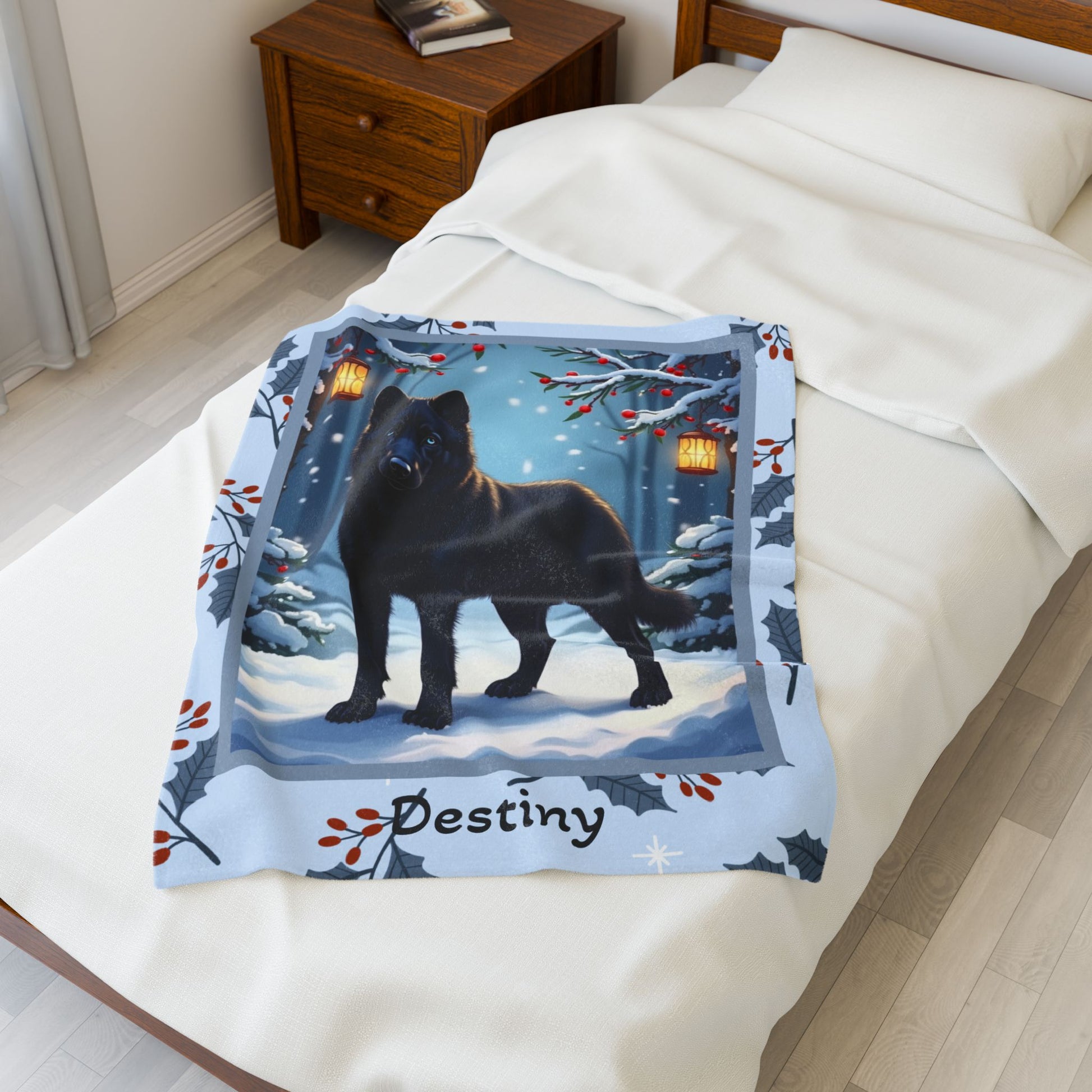 Husky Black custom winter blanket featuring a noble Husky standing in a bright illustrated winter lodge scene