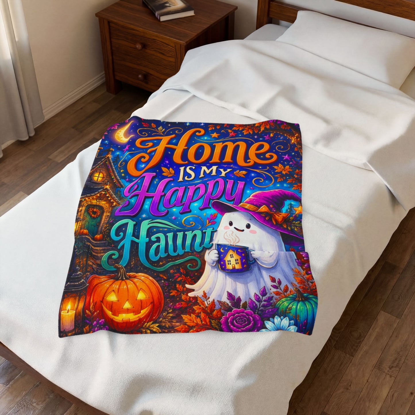 Home Is My Happy Haunt Velveteen Blanket - Ghost with House Mug and Cozy Cottage Jack-o-Lantern
