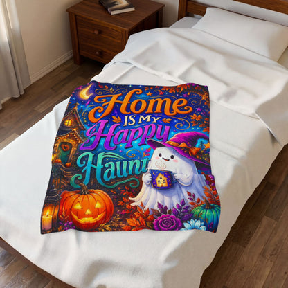 Home Is My Happy Haunt Velveteen Blanket - Ghost with House Mug and Cozy Cottage Jack-o-Lantern