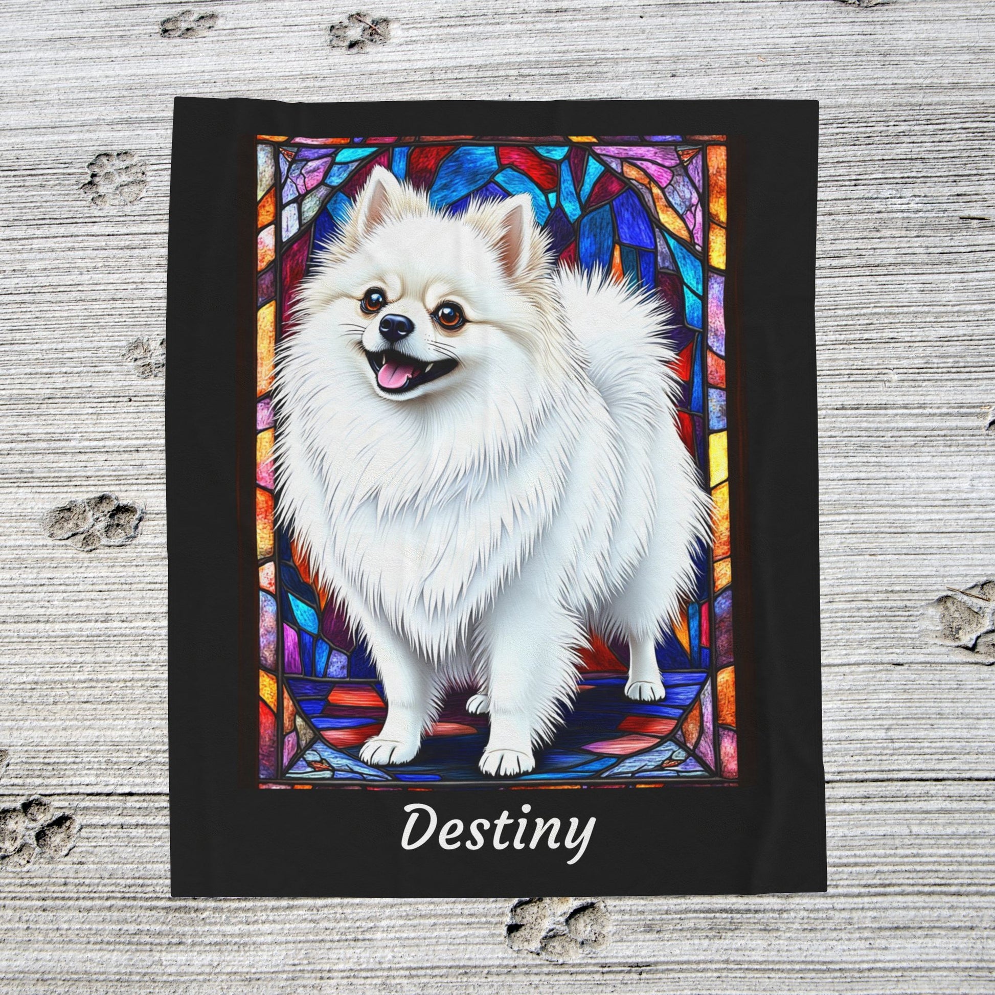 Pomeranian White Coat Blanket, Velveteen Plush Stained Glass Dog Throw, Custom Pet Lover Gift
