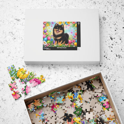 Pomeranian (Black & Tan) Easter Puppy Puzzle - Spring Garden with Eggs, Tulips, and Daisies