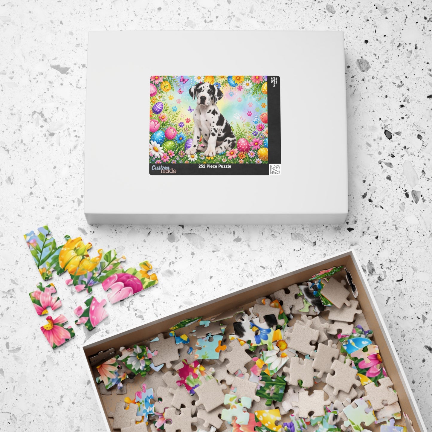 Great Dane (Harlequin) Easter Puppy Puzzle - Spring Garden with Eggs, Tulips, and Daisies