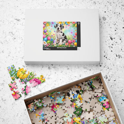 Great Dane (Harlequin) Easter Puppy Puzzle - Spring Garden with Eggs, Tulips, and Daisies