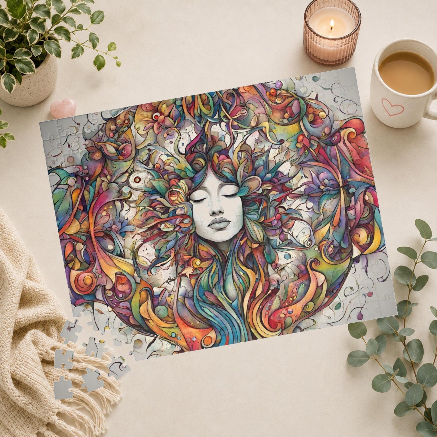 Creative Expression - Psychedelic Woman's Portrait Puzzle with Colorful Swirling Vines and Flowers