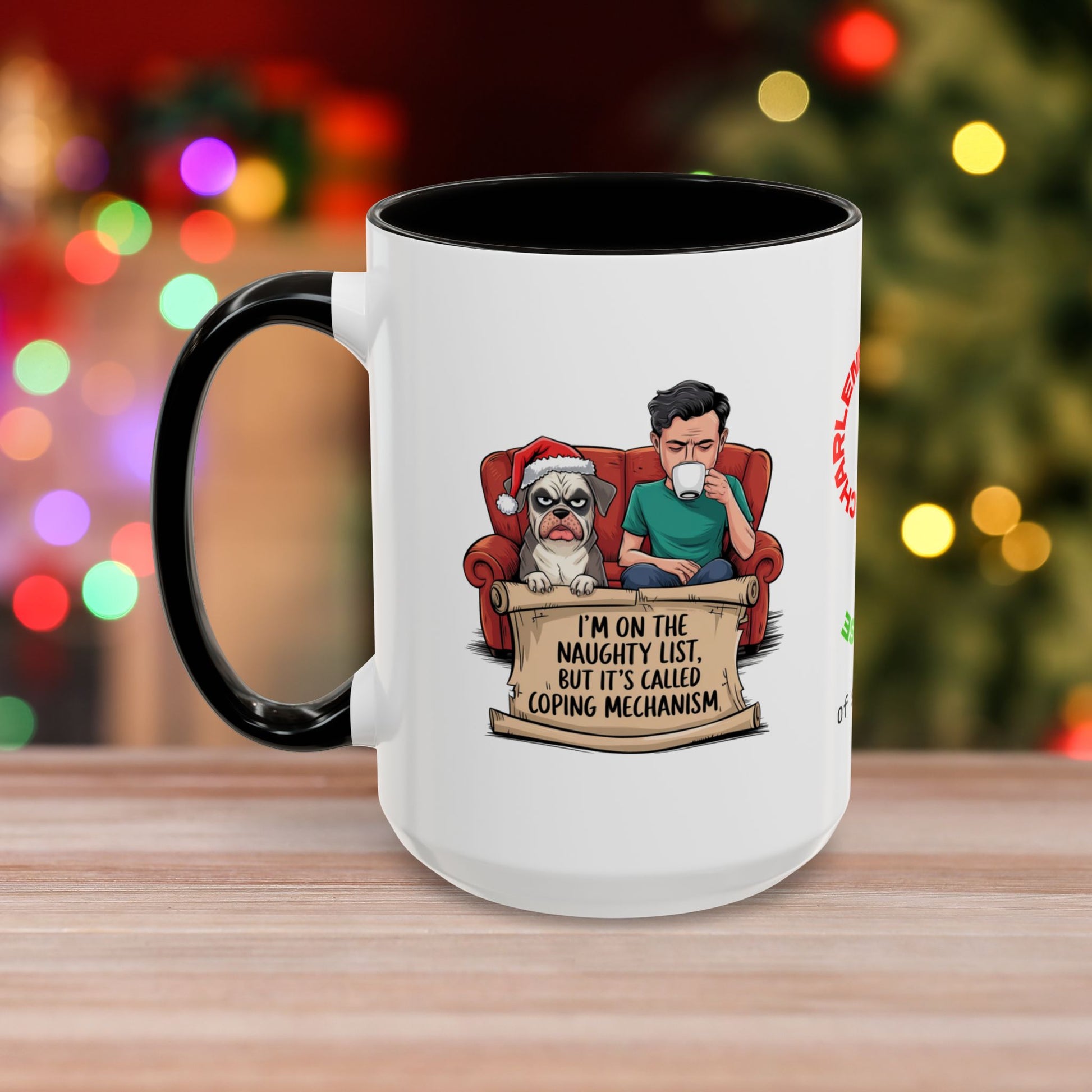I'm On The Naughty List, But It's Called 'Coping Mechanism' – Christmas Mug with Male and Dog Design and Accent Color