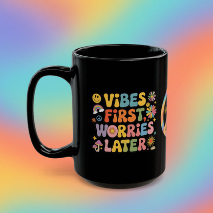 Vibes First Worries Later Retro 70s Mug, Groovy Mental Wellness Coffee Gift - MySisterIsASurvivor