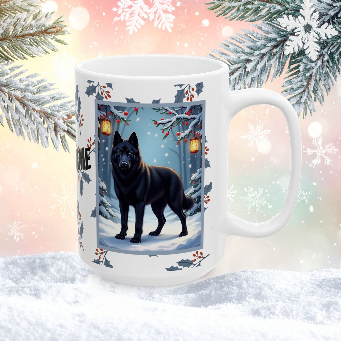 Husky (Black) Winter Mug - black husky illustrated standing calmly in a snowy winter scene with seasonal background