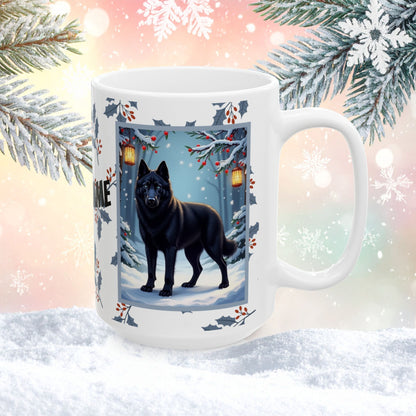 Husky (Black) Winter Mug - black husky illustrated standing calmly in a snowy winter scene with seasonal background