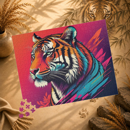 Calm in the Tiger's Stripes - Tropical Tiger Jigsaw Puzzle with Coral Gradient and Teal Leaf Art