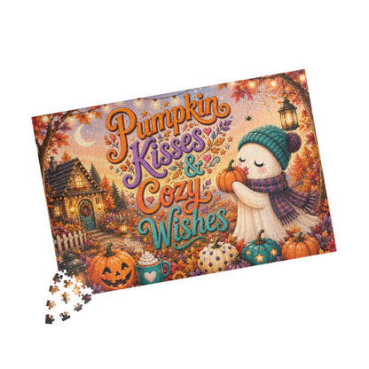 Pumpkin Kisses & Cozy Wishes Halloween Puzzle - Beanie Ghost with Pumpkins, Heart Mug, and Fall Leaves