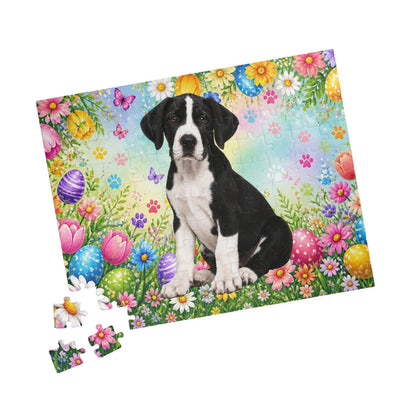 Great Dane (Mantle) Easter Puppy Puzzle - Spring Garden with Eggs, Tulips, and Daisies