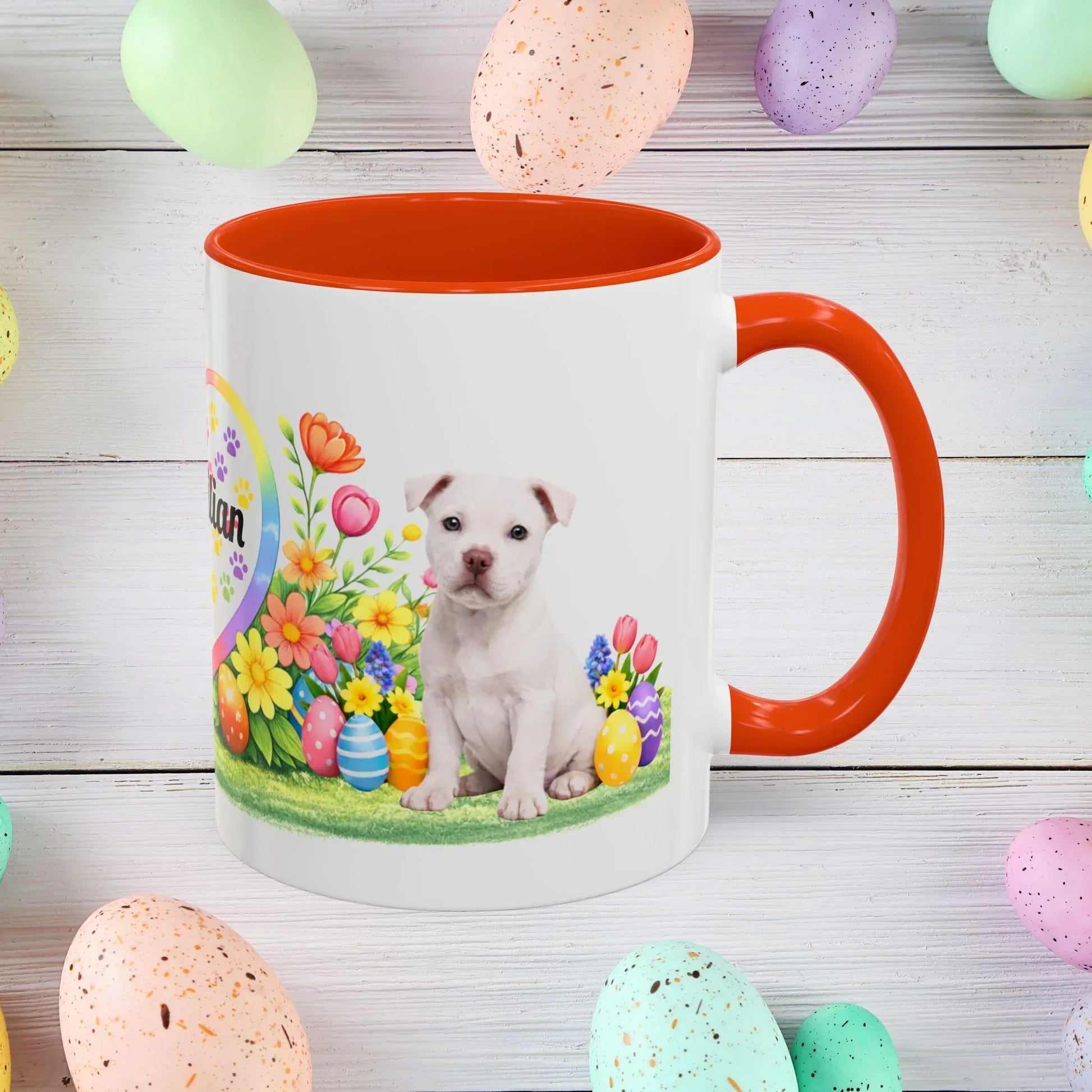 Shop our pitbull white puppy easter mug featuring the 11oz style option from MySisterIsASurvivor.