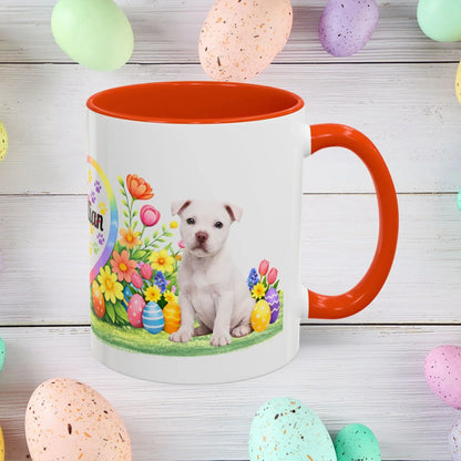 Shop our pitbull white puppy easter mug featuring the 11oz style option from MySisterIsASurvivor.