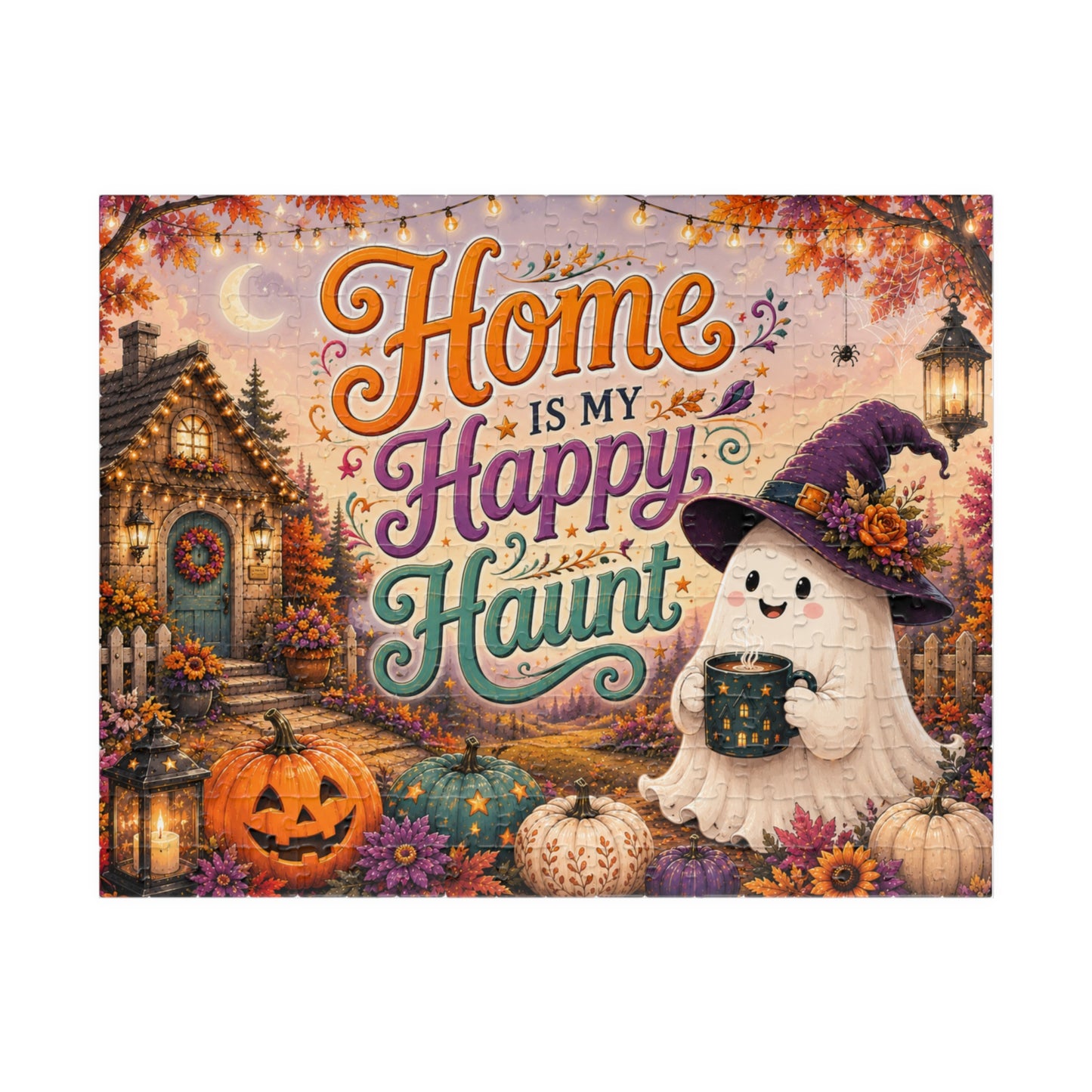 Home Is My Happy Haunt Halloween Puzzle - Witch Hat Ghost with Haunted House Mug and Fall Cottage