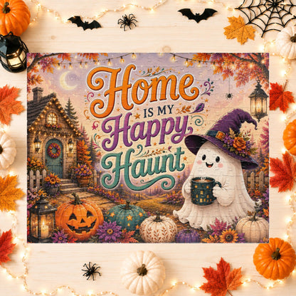 Home Is My Happy Haunt Halloween Puzzle - Witch Hat Ghost with Haunted House Mug and Fall Cottage
