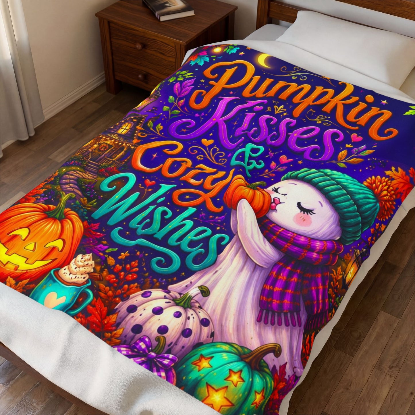 Pumpkin Kisses and Cozy Wishes Velveteen Blanket - Ghost Kissing Pumpkin with Teal Heart Mug and Cottage